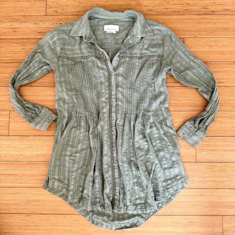 Anthropologie Sage Green Metallic Stripe Tunic Button Up Shirt XS